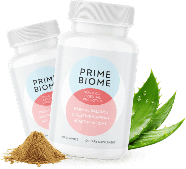 PrimeBiome gut-skin probiotic gummy supplement bottle