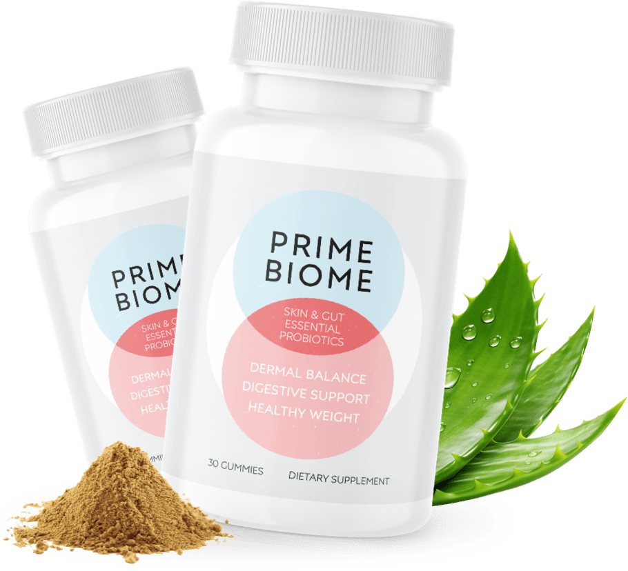PrimeBiome gut-skin probiotic gummy supplement bottle