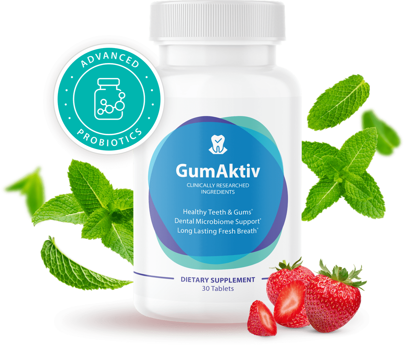 GumAktiv oral probiotic bottle with Advanced Probiotics seal