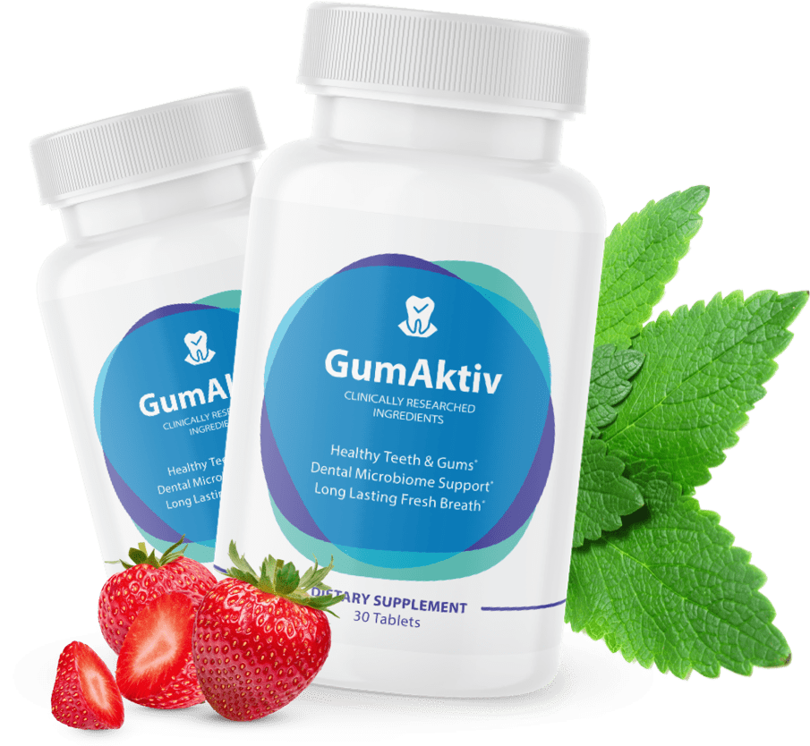 Two GumAktiv bottles, chewable dental probiotic formula