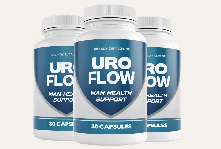 Three bottles of UroFlow men's health support capsules